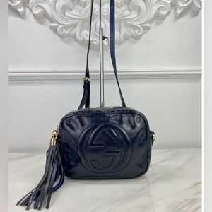 Authentic Gucci Patent Leather Soho Disco Bag, Navy Blue